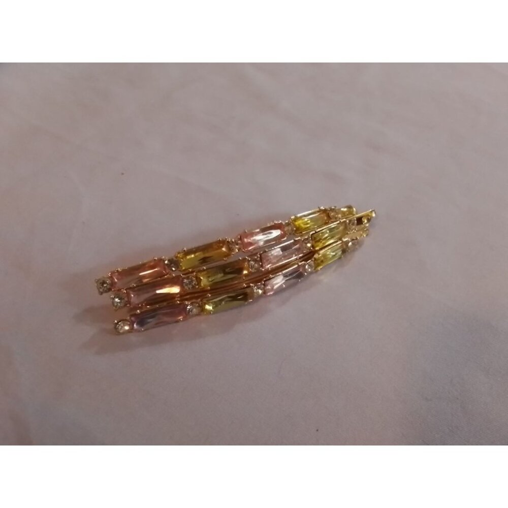 Rhinestone Hair Barrettes Clips Bobby Pins Set Of 3 Pink & Yellow Stones